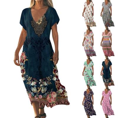 Summer Dress Women's Long Boho Beach Dress Elegant Maxi Dress V-Neck Short Sleeve Summer Tunic Dress Light Airy