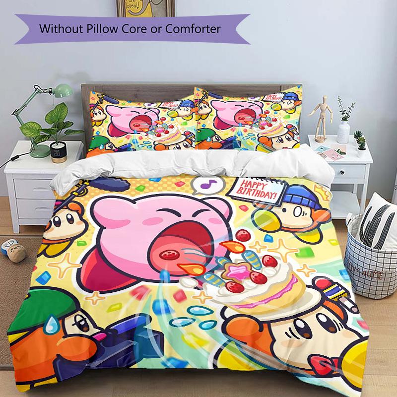 3-teiliges Bettwäsche-Set Kirby Party Enthält 1 Bettdecke + 2 Kissenbezüge, Ohne Kissenfüllungen, Weich Bequem, Leicht Atmungsaktiv, Bedruckt
