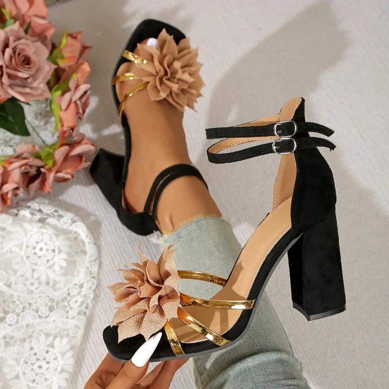 Women's Square Head Open Toe Flower Fine Strap Non-slip Wear Resistant Chunky Heels Party Super High Heel Sandals