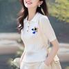 Summer Breathable Vertical Stripe Knit Hollow Out Tipped Collar Jacquard Top