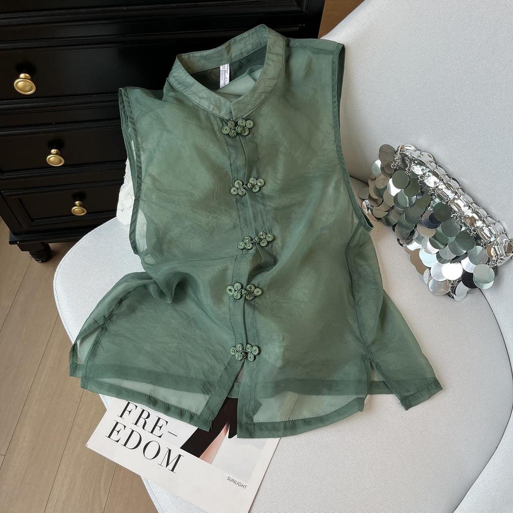 6585 Green Vest Vest Women's Summer Retro Buckle Organza Sleeveless Outer Vest