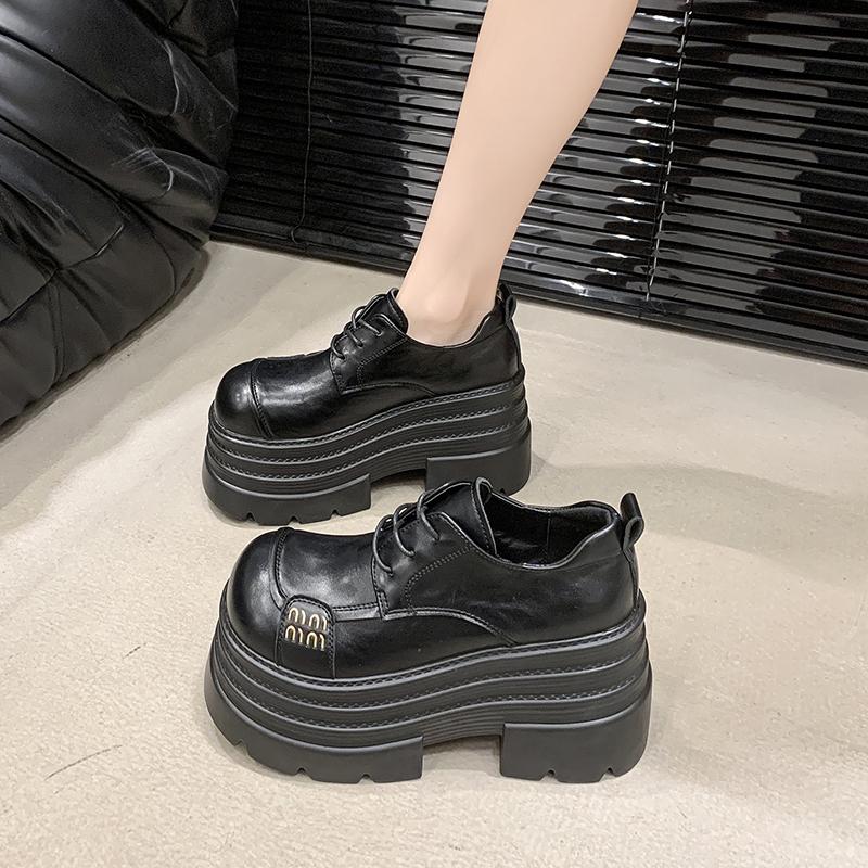 Женские кожаные кроссовки Новинка 2025 Весна Высокая платформа Шнуровка Повседневная обувь Толстая подошва 10 см Каблуки Обувь для ходьбы Zapatos Mujer 39 чёрный