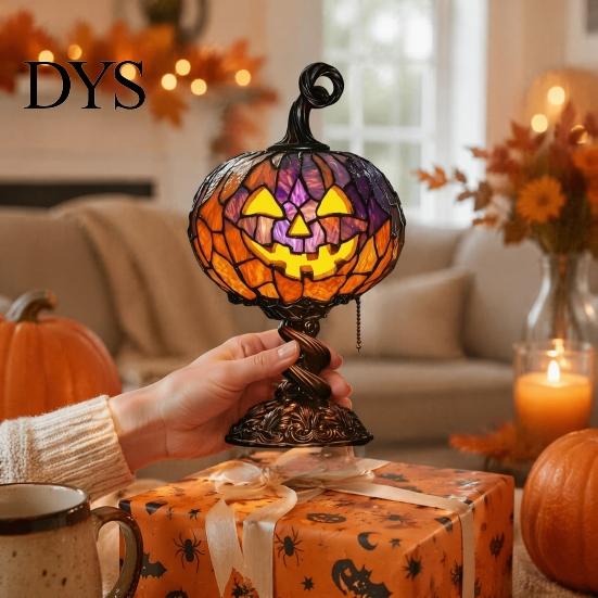 Resin Lamp for Bedroom Stained Glass Halloween Pumpkin Table Lamp, USB Powered Night Light with Dark Academia Desk Decor Warm Glow, Gothic Desktop