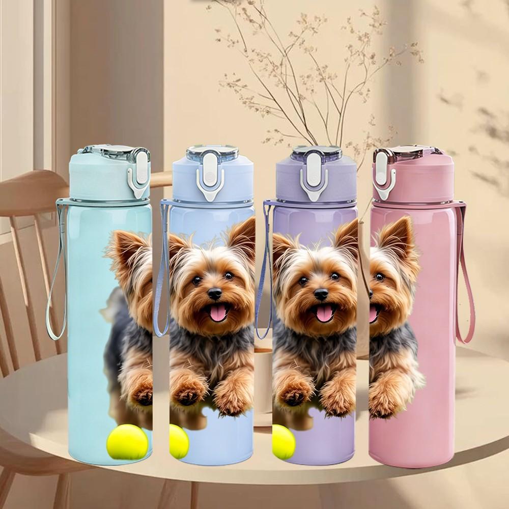 1PC Happy Playful Puppy Print 750ml Color Plastic Sports Water Bottle Leakproof Flip Straw Lid Suitable for Sports Office Home Use