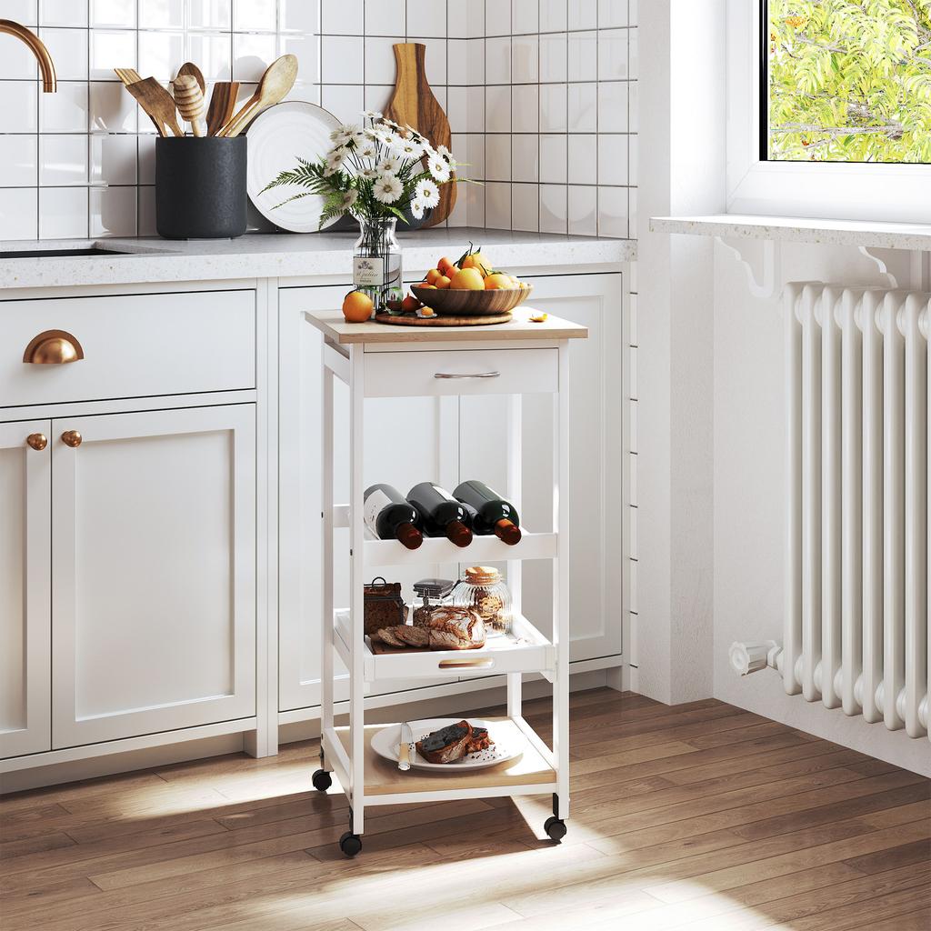 Carrello da portata Carrello da cucina su ruote 2 ripiani + Vassoio rimovibile + Cassetto Legno di pino Bianco Rovere chiaro
