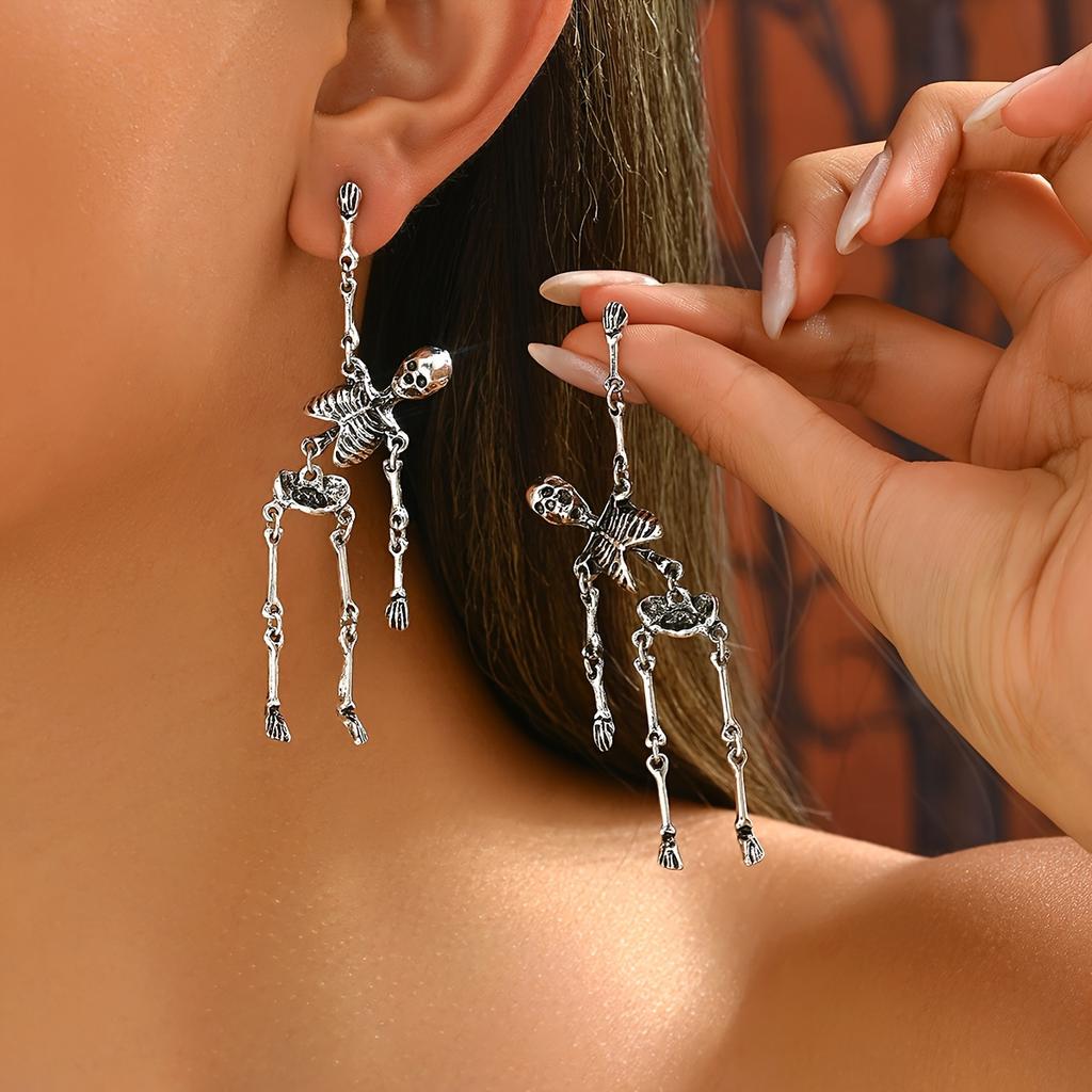 [Vintage Skull Earrings] Silvery Plated Gothic Punk Skull Dangle Earrings | Vintage Style for Women, Stainless Steel Posts, Perfect for Daily Wear & G