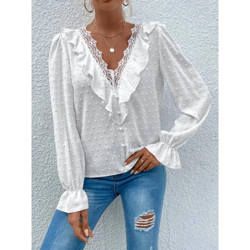 Spring New Elegant Lace Splicing Jacquard Shirt Long Sleeved White Sweet Women Blouse Ruffled Loose Tops Fashion Dots Simple Clothing