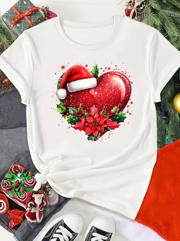 (Asian Size) Print merry Christmas o-neck Women's Top new year T Clothing tree sweet 90s  Short Sleeve T-shirts Fashion holiday Graphic Tee