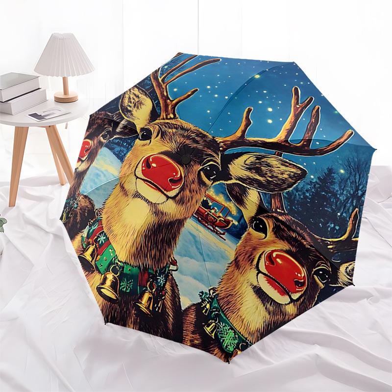1 Stück Weihnachts-Rentier-Familienporträt Automatischer Faltregenschirm, Tragbares 3-fach Design mit 8-Speichen-Eisenrahmen, Outdoor für Fans, Reisende, Jeden Tag