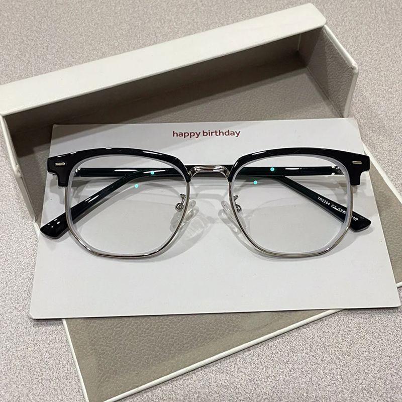 Retro Golden Half-Frame Glasses Myopia Men And Women With The Same Simple Square Anti-Blue Flat Glasses Frame