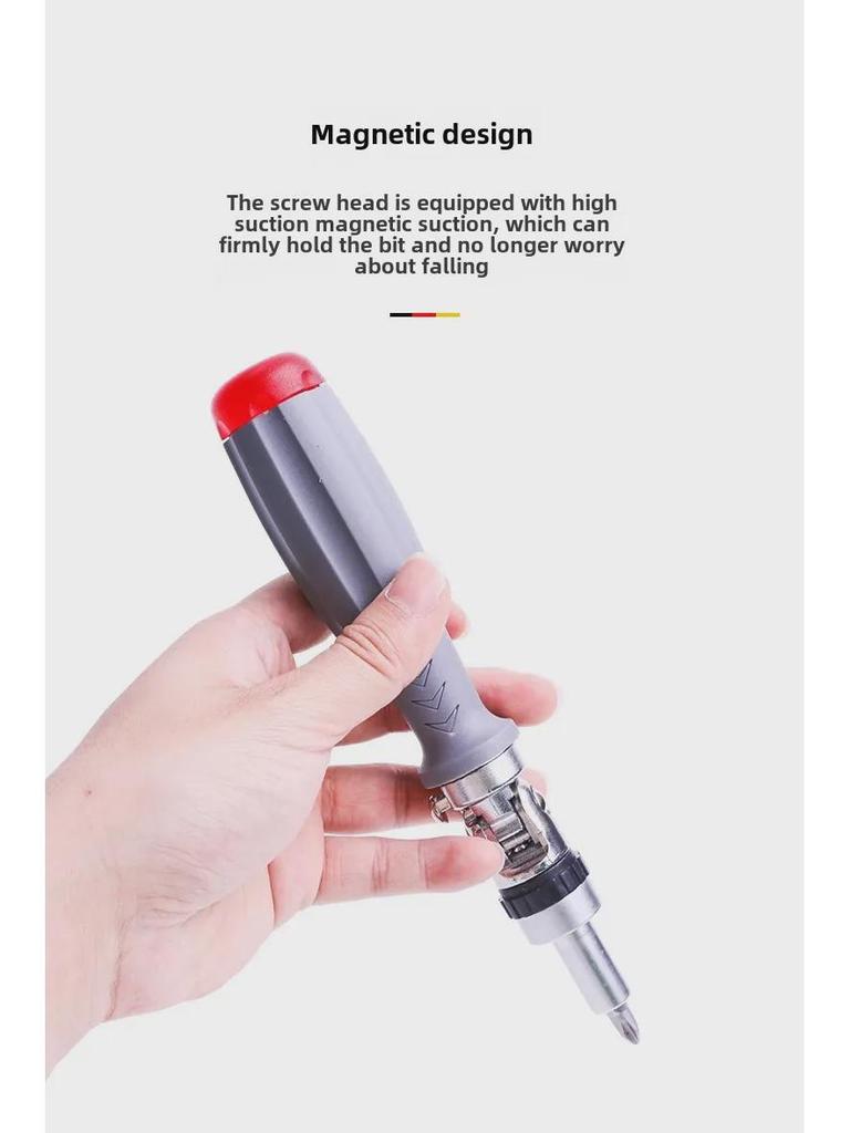 Versatile Multi-Angle Ratchet Screwdriver Set with Cross, Plum, and Hex Bits.