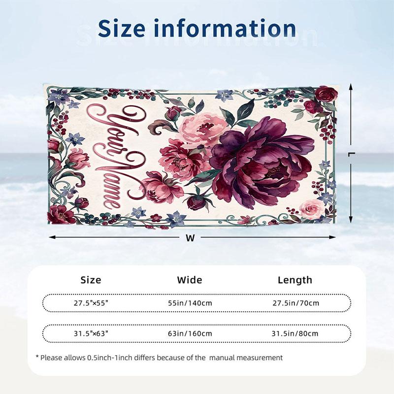 Floral Garden Theme Beach Towel Personalized Custom Name & Text Soft Quick Dry Beach Towel for Swimming Travel
