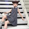 Girls Summer Polo Collar Sleeveless Pleated Dress Preppy Vest Skirt For Big Kids