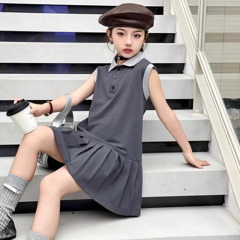 Girls Summer Polo Collar Sleeveless Pleated Dress Preppy Vest Skirt For Big Kids 120