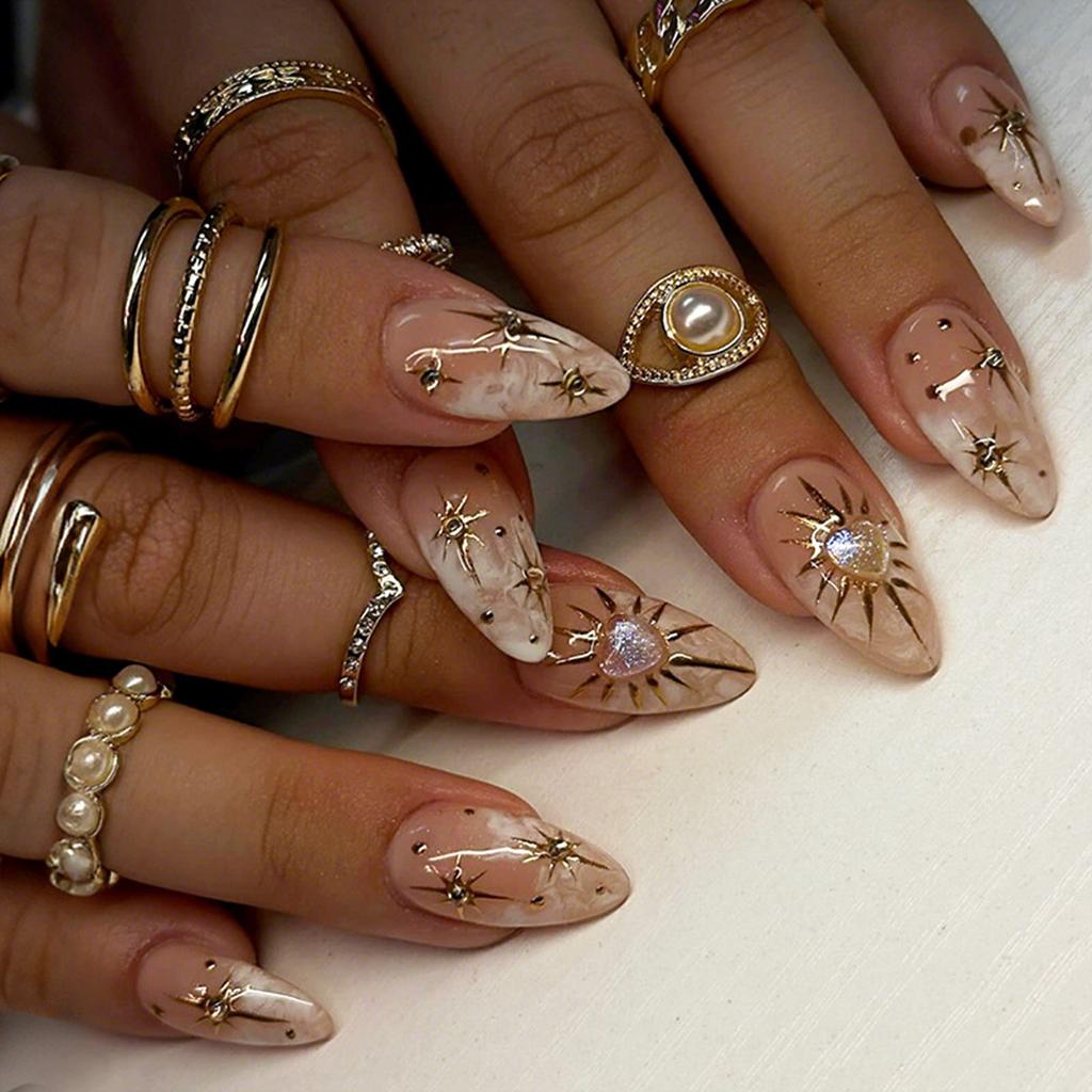 24 Pieces Almond Press On Nail French Style Artificial Nail with Glossy Star Moon Sun Design for Women and Girls