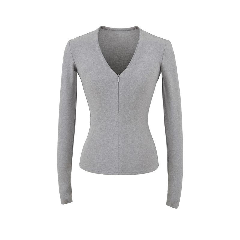 Chic French V-Neck Zipper Long Sleeve Slim Fit T-Shirt for Women, Autumn/Winter High-End Style.
