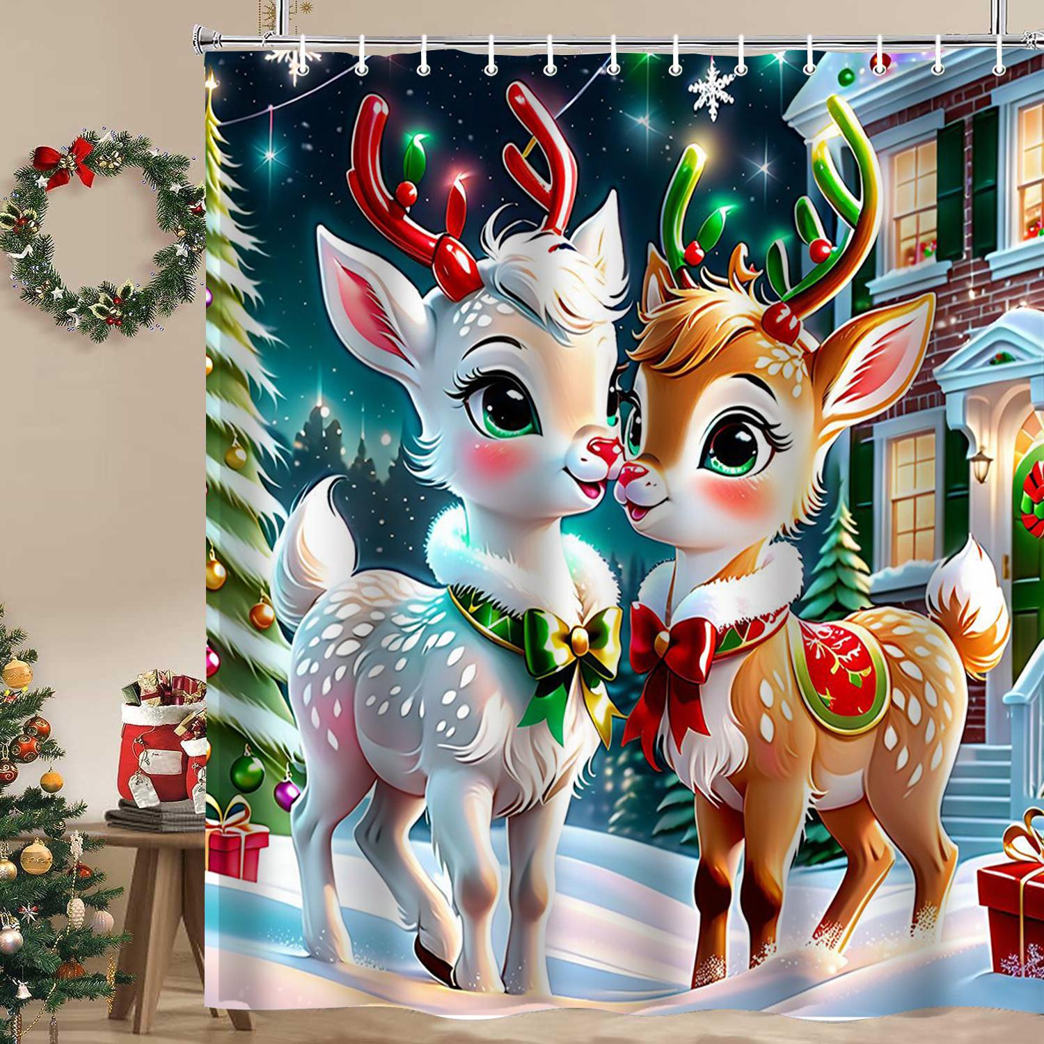 

Christmas Tree Reindeer Bathing Curtain Bathroom Shower Curtain Waterproof With 12 Hooks Fishes Home Deco Free Ship W60H190(CM)-1 Pcs
