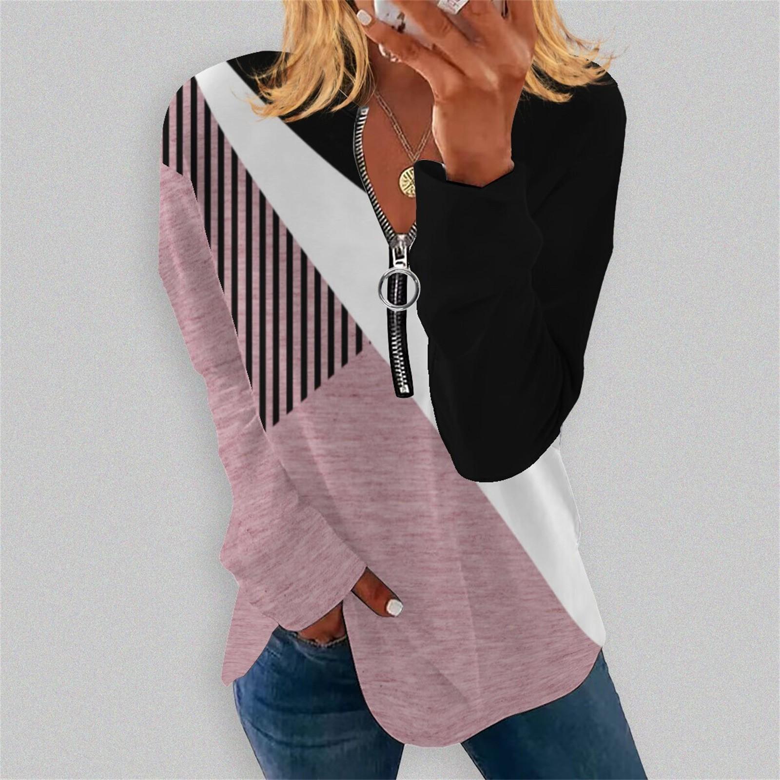 

Women s Fashion Casual Round Neck Hoodie Irregular Striped Long Sleeve Blouse XL рожевий