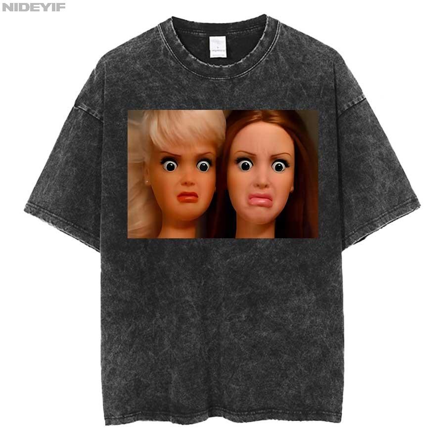 

Funny Distressed Doll Face Meme Smoking Oversized T shirt Cotton Vintage Washed Tshirt for men women P S