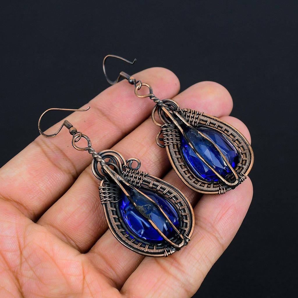 London Blue Topaz 999 Copper Wire Wrapped Earrings, Handmade Gemstone Earrings Jewelry, Gifts For Wife Brand New Earrings