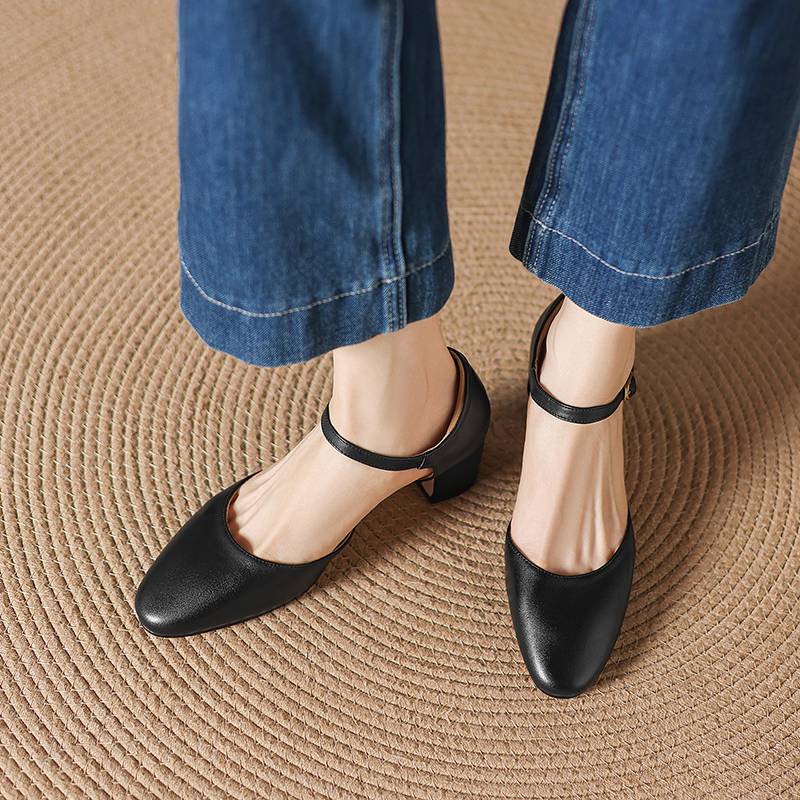 Krazing Pot Pelle Vera Punta Tonda Tacco Sottile Scarpe Estive Monocolore Taglia Grande 42 Cinturini con Fibbia Donna Scarpe Basse