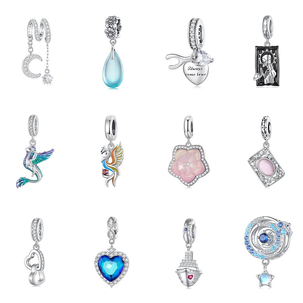 925 Sterling Silver CZ Charm Pendant Mermaid Unicorn Moon Heart Dangle Bead Fit Snake Chain Bracelet Necklace DIY
