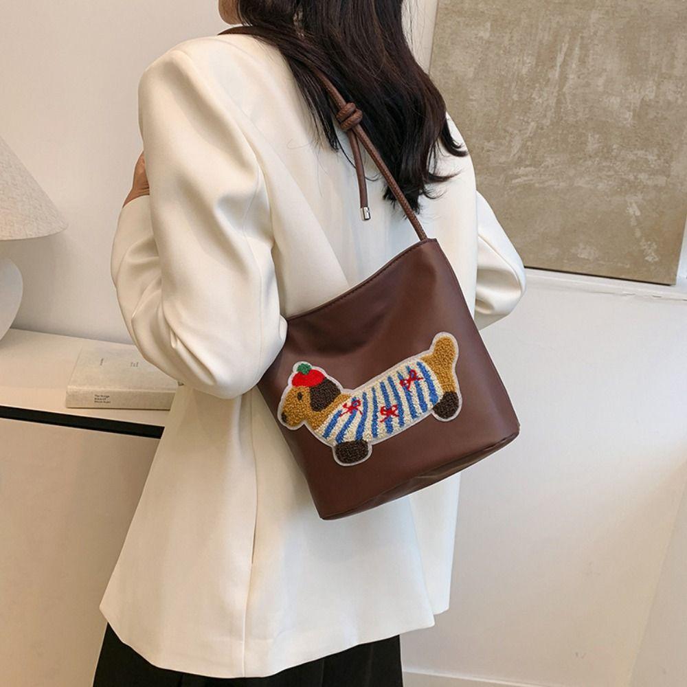 Towel Dachshund Puppy Underarm Bag Solid Color Embroidery Shoulder Bag Creative   Women