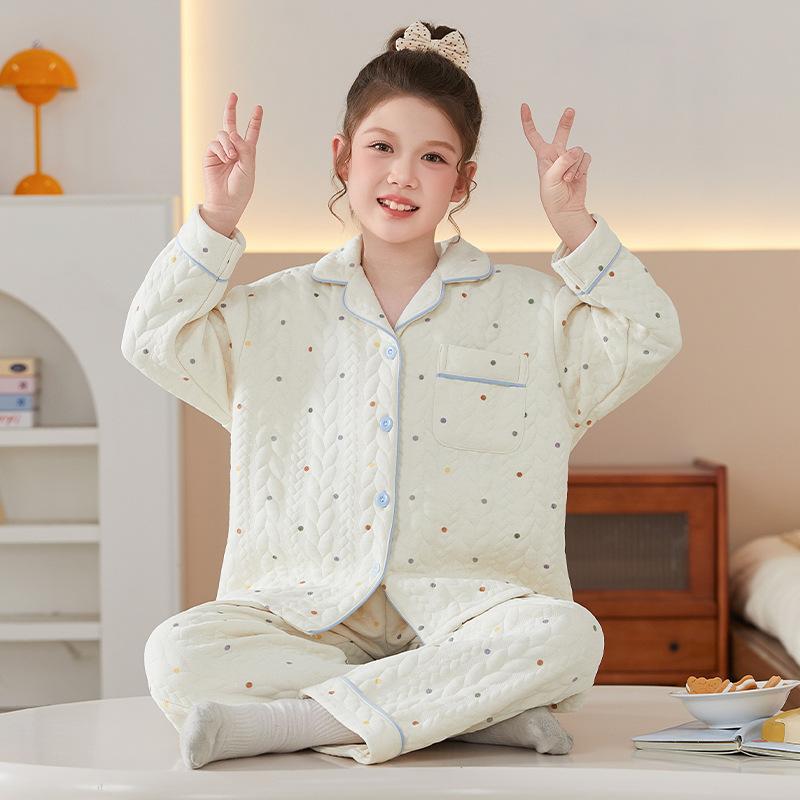 Kids Flannel Pajamas Set Boys Girls Warm Long Sleeve Top And Pants Sleepwear Winter Home Nightwear