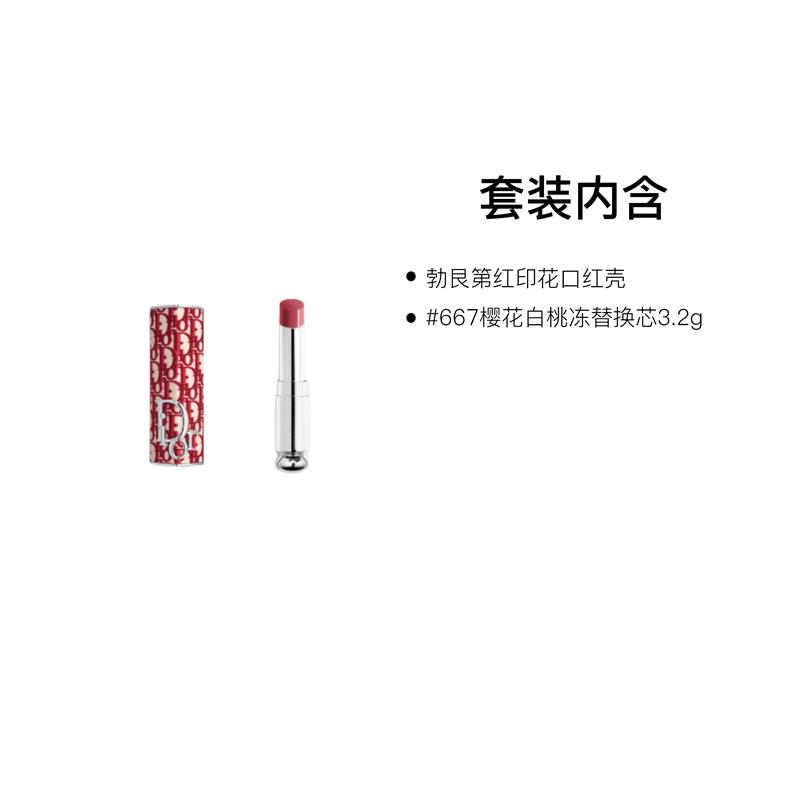 Dior Lipstick Two-piece Set: Burgundy Red Printed Lipstick Shell + #667 Cherry Blossom White Peach Jelly Refill 3.2g