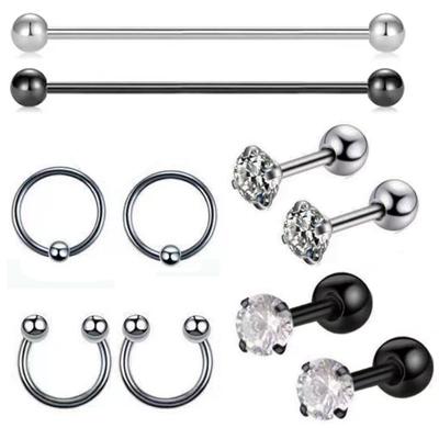 Stainless Steel Stud Earring Set 10 Pieces European and American Hip Hop Ear Bridge Barbell Ear Bone Stud Stud Earrings