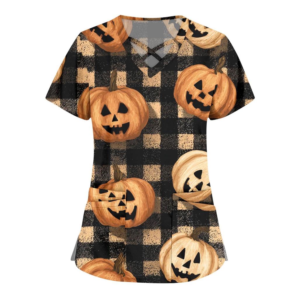 Damenmode Cross V-Ausschnitt Kurzarm Overalls Doppeltaschen Halloween Bedruckte Oberteile Uniformen