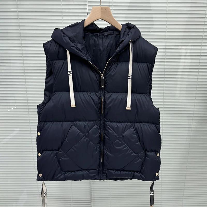 Schinteon Women 90% White Duck Down Vest with Hood Casual Sleeveless Jacket Simple Solid Color Fashionable Autumn Winter