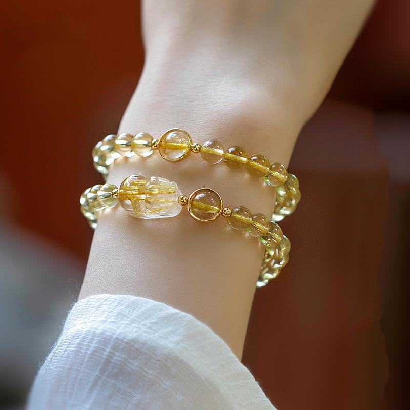 Natural Yellow Crystal Bracelet for Women with Pixiu and Titanium Crystal, Golden Rutilated Crystal Bracelet, a Summer Gift for a Girlfriend Ethnic