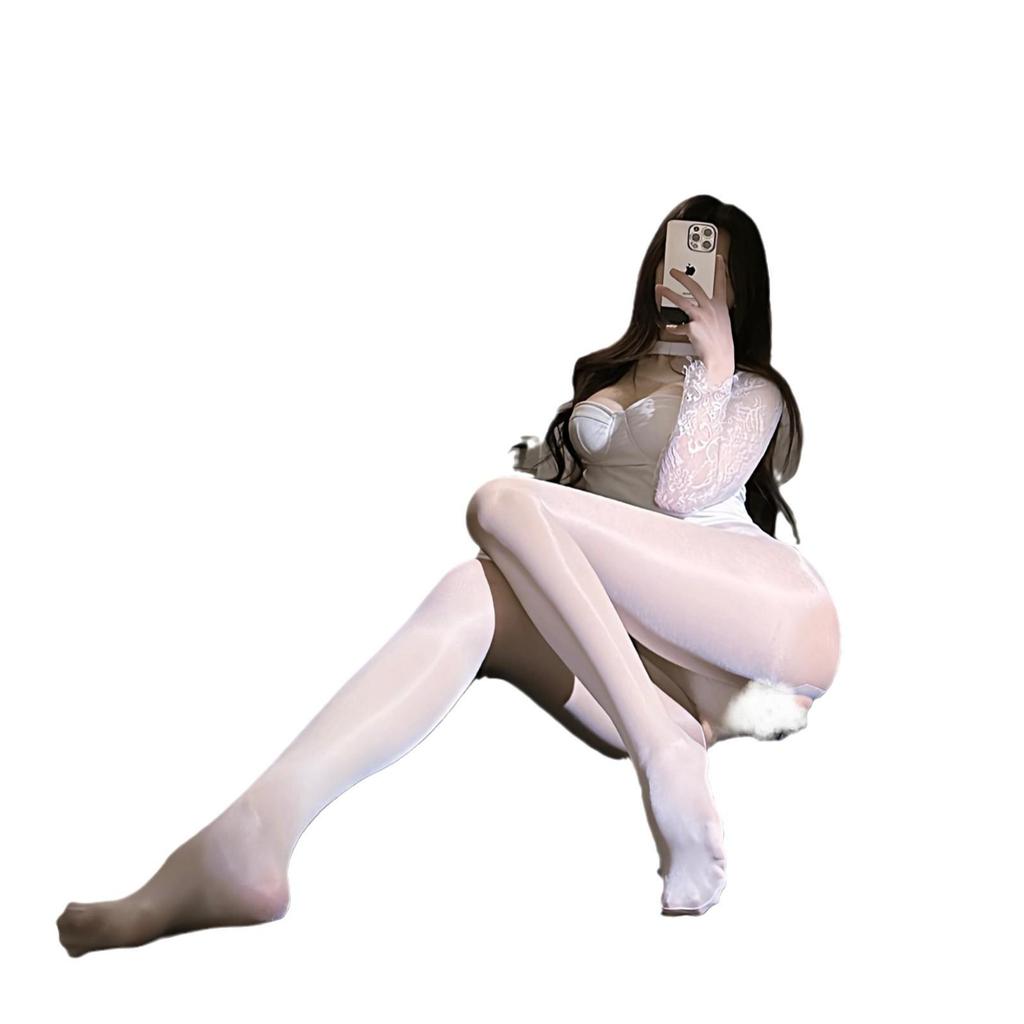 Women's Black Oil Sheen Erotic Open Crotch Stockings - Tearable Lingerie with Sexy Temptation Design