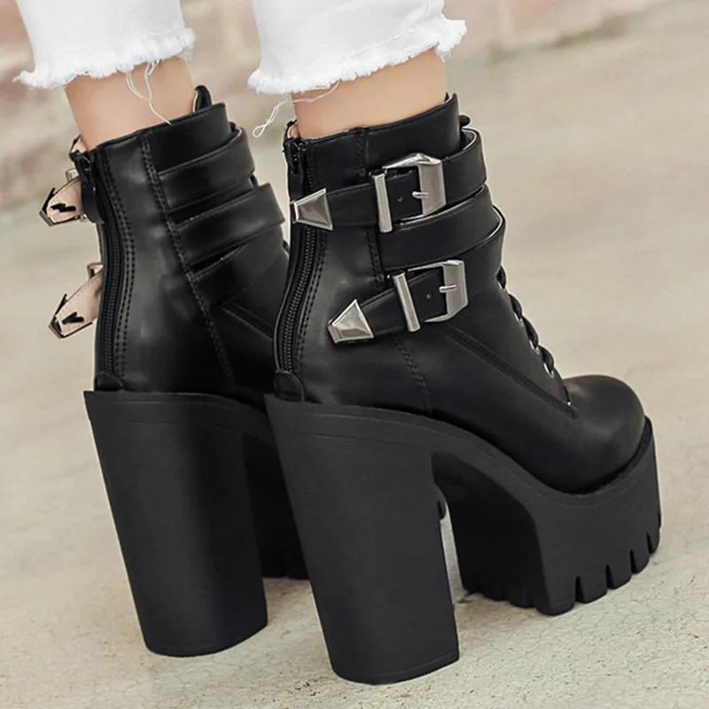 Fashion Korean Version of High Heel Boots Women's Waterproof Platform Thick Heel Platform Ankle Boots Single Boot Buckle Strap