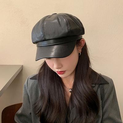Berets Female Small Pu Leather Caps Octagonal Caps