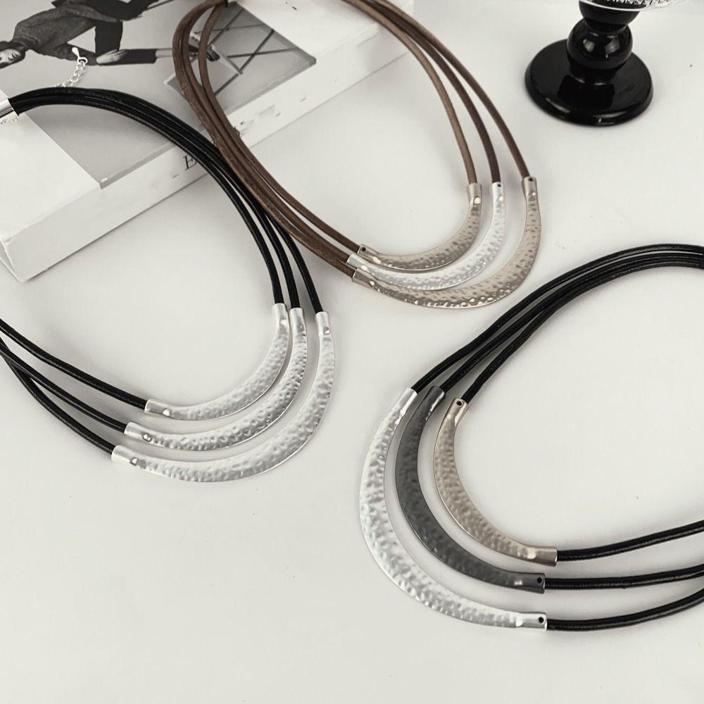 Uneven Textured Crescent Moon Necklace Simple Multilayer Necklace Unique Metal Necklace  Gift