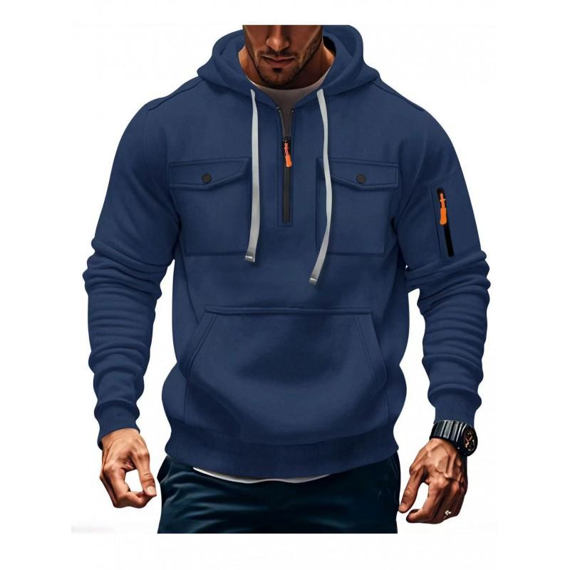 Mens Hooded Long Sleeve Pullover Sweatshirt With Multiple Pockets Zipper Front Casual Sporty Style