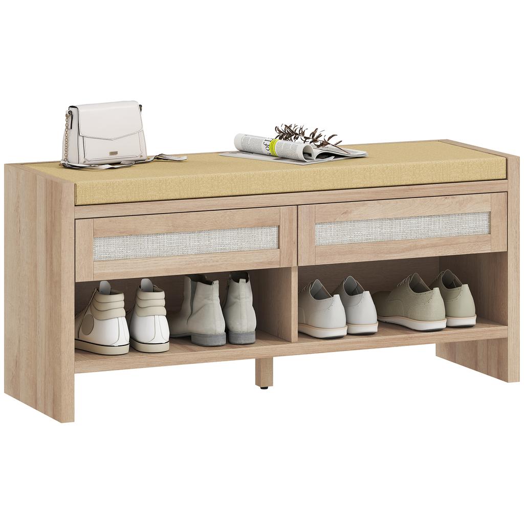 Boho Shoe Bench With 2 Rattan Drawers Shoe Storage Bench With Cushioned Seat And Open Shelf Oak Wood Effect