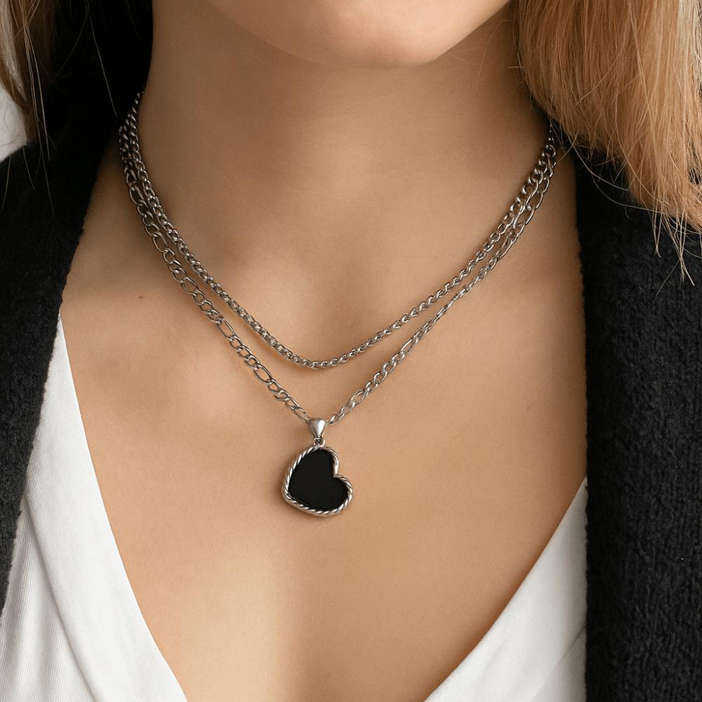 Titanium Steel Double Stacked Neck Chain Sweet Charm Heart Clavicle Chain  Female Lady Girl