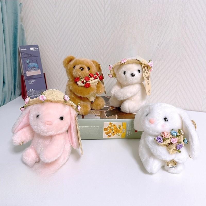 Plush Bunny Rose Arrangement Table Decor With Keychain For Gift And Home Decor