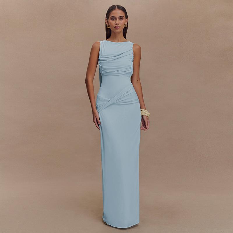

Elegant Pleated Long Party Dresses Mesh Backless Sleeveless High Split Female Dresses 2026 Summer Lady Solid Color Vacation Beach Dress S синий