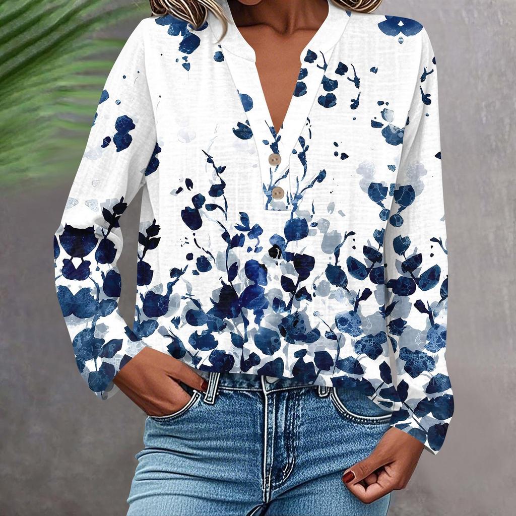 Camisa de Moda y Casual para Mujer Manga Larga Cuello en V Botones Estampada Blusa Top