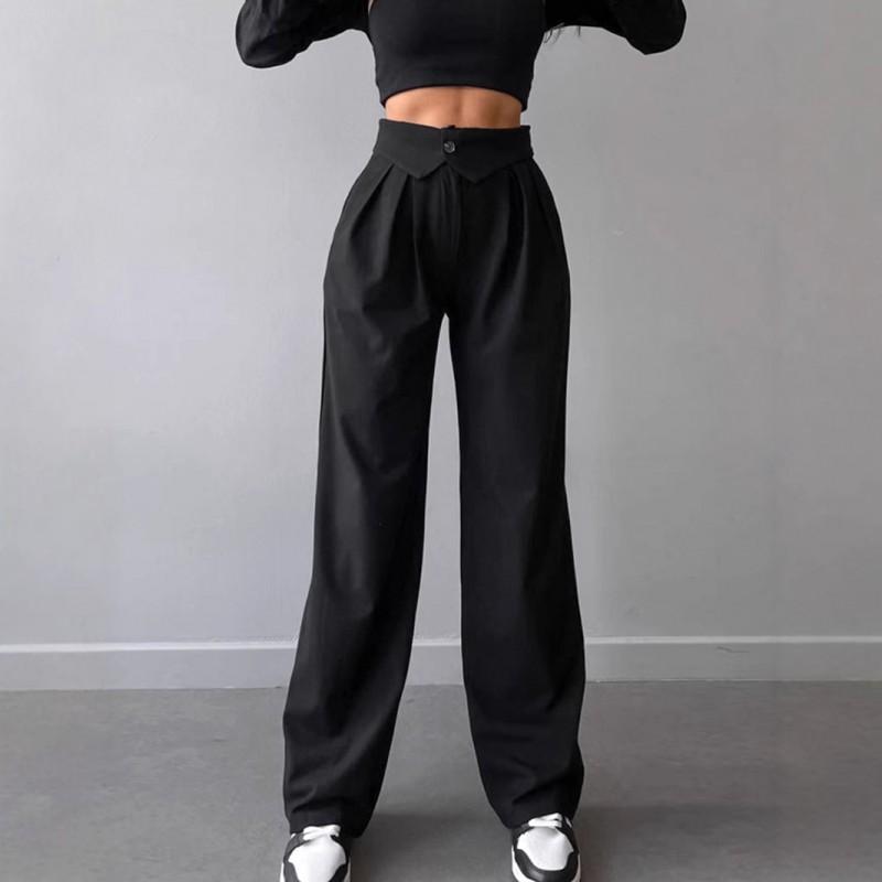Womens High-Waisted Wide-Leg Trousers With Pleats French Grey Tailored Fit Breathable Blend Fabric Office Chic Style