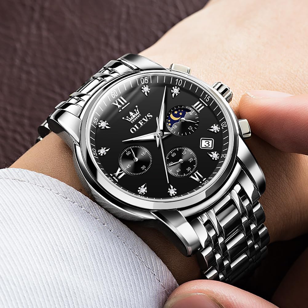 OLEVS Men's Quartz Watch with Moon Phase Timer, Stainless Steel, Simple and Fashionable, Waterproof, Luminous, Date Display (Black)