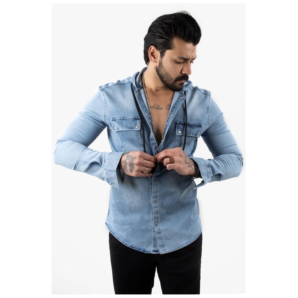 Chemise en denim et capuche en molleton amovible fitted Ligne Sport The  Kooples en bleu pour homme | Galeries Lafayette