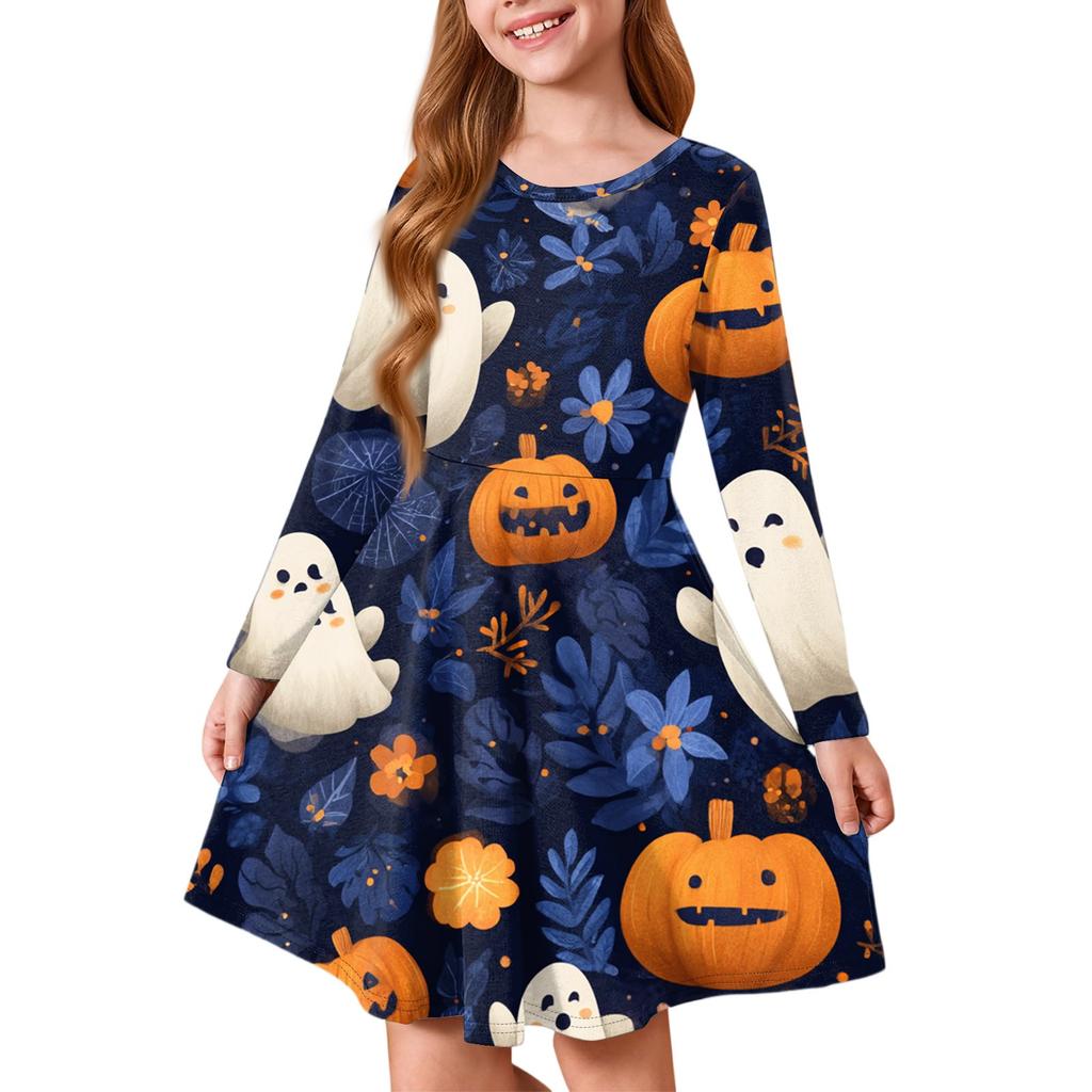Girls' Summer Princess Dress Halloween Day- Long Sleeve A-Line T-Shirt Dress