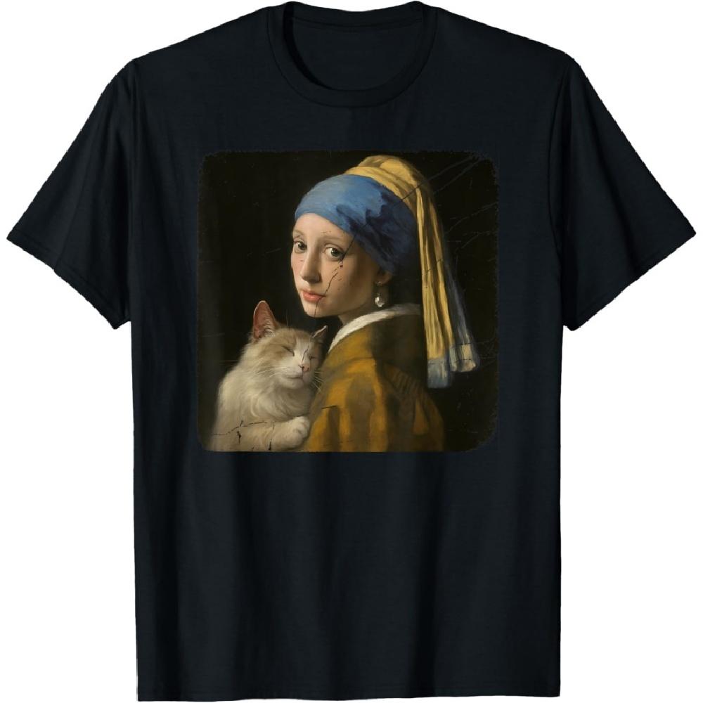Girl With A Pearl Earring Cat Funny Famous Artist Painting T-Shirt XXXXXL чёрный