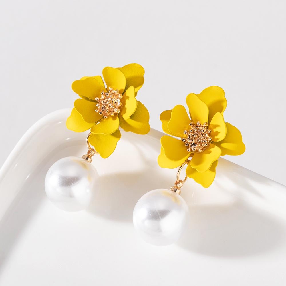 Yutsai Korean Flower Painting Earrings Imitation Pearls Alloy Stud Earrings Elegant Fashion Jewelry OG071