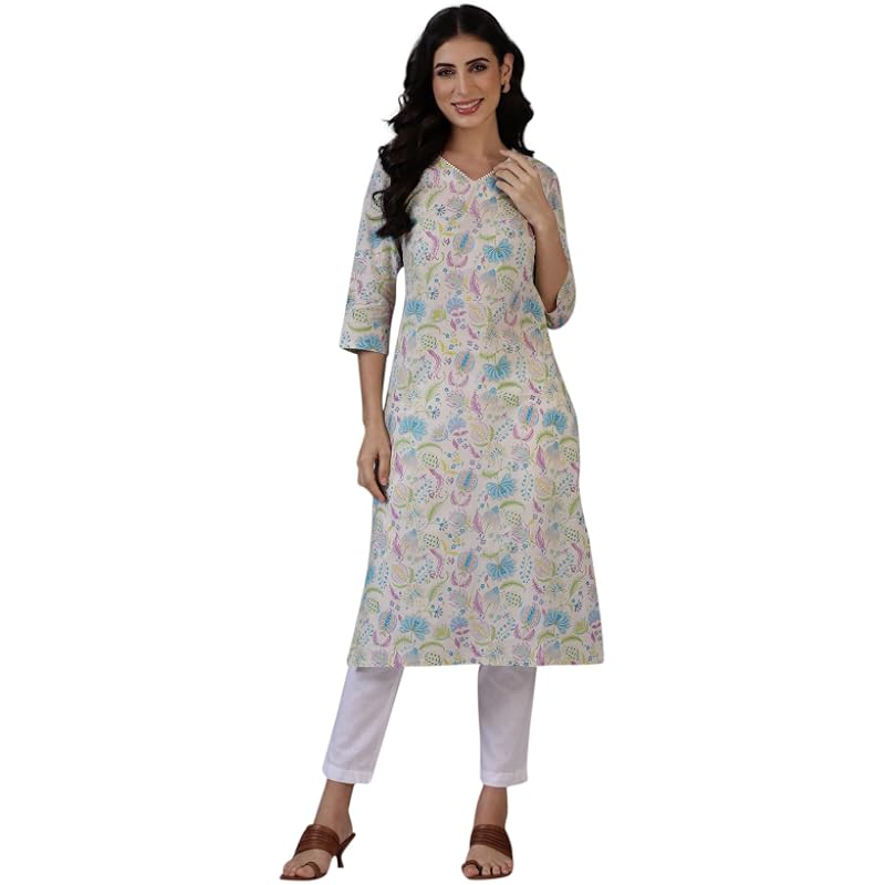 W for Woman Light Beige Floral Printed Pure Cotton Straight Kurta (Size: 3XL)-W12333-125455